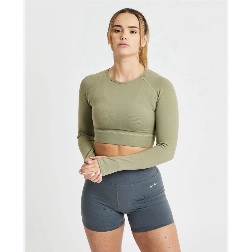 AYBL Core Long Sleeve Olive Green Thumb Hole Crop Top Active Women's Small